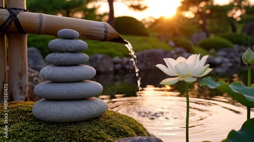 Wallpaper Mural Zen garden with stacked stones, bamboo fountain, and lotus blooming beside a tranquil pond at dusk!! Torontodigital.ca