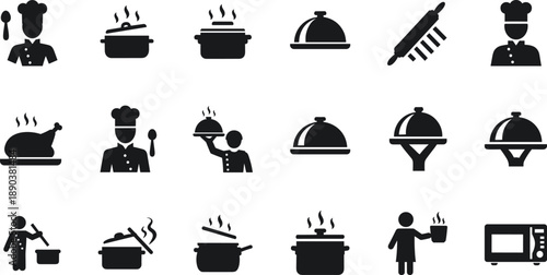 Cooking and restaurant icon set featuring chefs, food preparation, serving dishes, kitchen equipment, pots, utensils and catering service symbols, minimalist black silhouettes