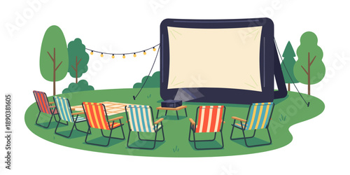 Backyard outdoor cinema setup with inflatable screen