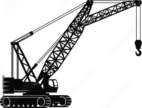 Crawler crane silhouette illustration with lifting hook, heavy construction machinery equipment, industrial engineering vector design in black and white style