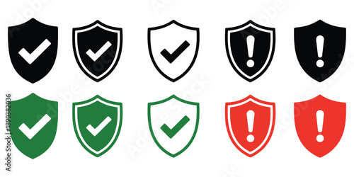 Graphic illustration of safety and security shield icons with check mark and warning symbols, suitable for protection, compliance, cybersecurity, risk management, and professional vector design 