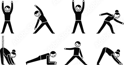 Exercise and stretching icon set showing standing stretches, forward bends, planks, push-ups, warm-up and cool-down poses, flexibility, core strength, mobility illustrationsExercise and stretching  