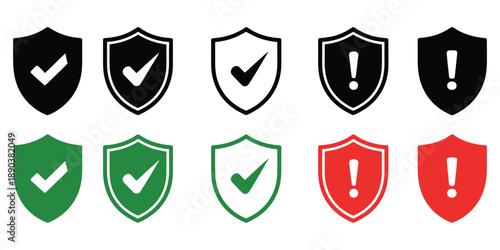 Graphic vector illustration of safety shields featuring check marks and exclamation icons, symbolizing protection, security, hazard alerts, risk prevention, and high ranking professional creative 
