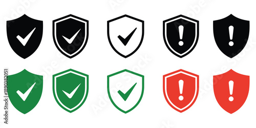 Graphic illustration of safety shield symbols with check mark and exclamation icons, representing security, protection, safety compliance, risk management, and professional vector design for digital