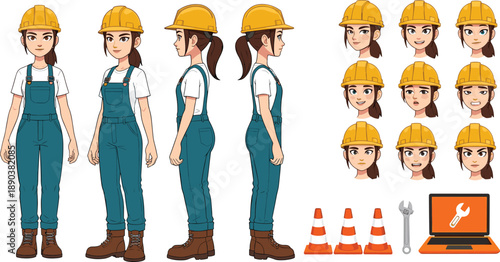 Female construction worker character sheet, full-body front and side views, safety helmet expressions, workwear poses, tool icons, traffic cones, laptop