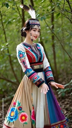 Beautiful young Mongolian girl in Mongolian folk ethnic costume. Mongol Ethnic Woman