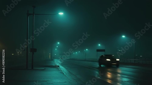 Foggy night on an empty urban road bathed in teal streetlights, wet asphalt reflecting dim headlights through the mist, evoking solitude and a mysterious, moody atmosphere
