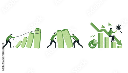 A businessman pushing and pulling green bar graphs upwards to show growth and success