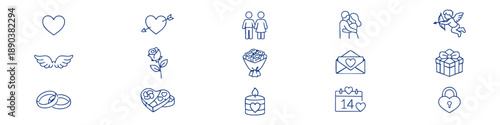 Valentine’s Day Line Editable Icons set. Vector illustration in modern thin style of love symbols related icons: couple, heart, angel, and more. Isolated on white background