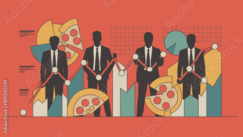 Businessmen analyzing market trends with graphs and pizza slices