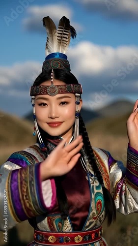 Beautiful young Mongolian girl in Mongolian folk ethnic costume. Mongol Ethnic Woman