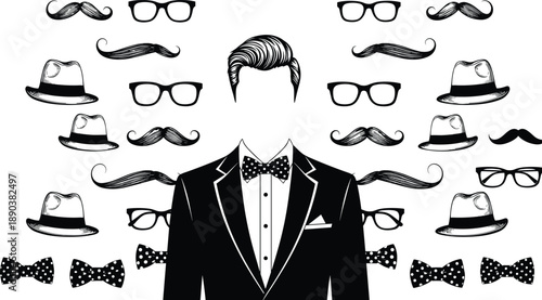 Gentleman fashion accessories illustration set with mustaches, glasses, hats, hairstyles and bow ties, classic retro men style vector design