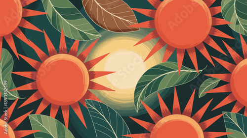 Vibrant orange sun pattern with green leaves
