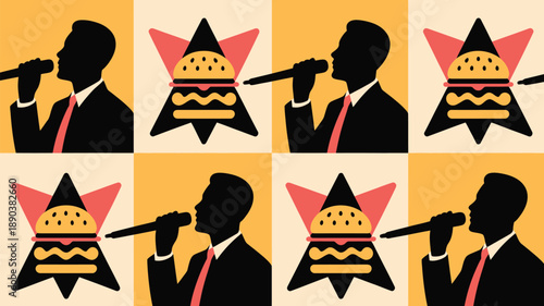 Businessman singing into microphone with star shaped burger icons
