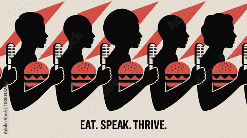 Diverse people speaking into microphones with burgers in hand