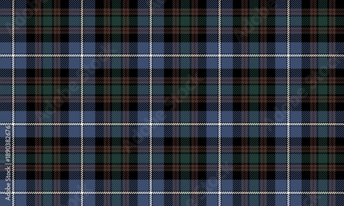 Seamless plaid fabric in blue, green, black, and white is ideal for fashion design, creating a sophisticated and stylish look for clothing, skirts, trousers, and shirts.