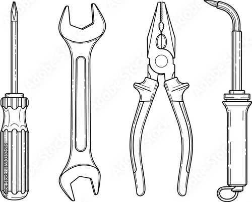 Hand tools line art set featuring screwdriver, wrench, pliers and soldering iron, mechanical repair equipment outline vector illustration on white background