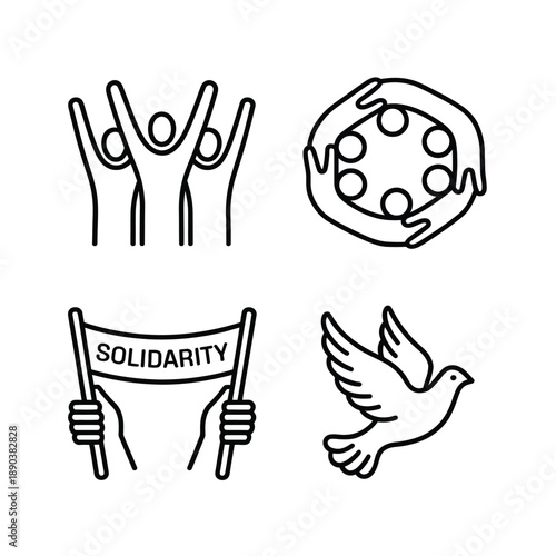 Four Minimalist Line of D N A, Cell, Solidarity Banner, and Dove