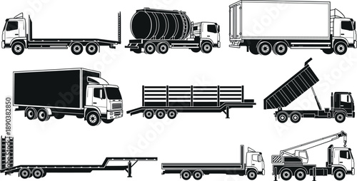 Heavy truck and trailer silhouettes, flatbed, tanker, box truck, dump truck, crane truck, lowboy trailer, logistics, freight transport, cargo hauling, industrial vehicles, transportation