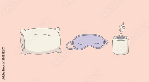 Sleep and relaxation essentials set featuring comfortable white pillow purple eye mask and scented candle in minimalist line art style