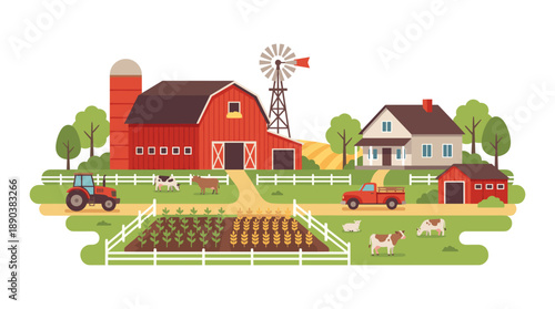 Rural farm lifestyle with agriculture and livestock illustrating farming