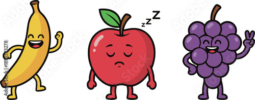 Collection of anthropomorphic fruit characters featuring dancing banana sleeping apple and happy grapes with peace sign gesture