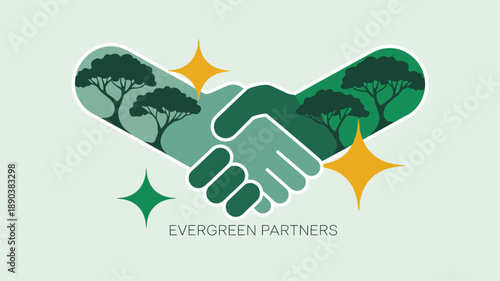 Partners shaking hands with trees in background and sparkles