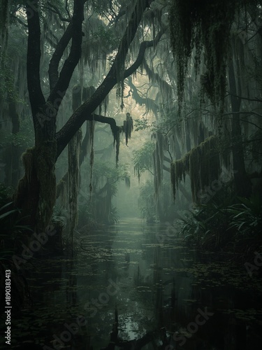 A misty swamp landscape features ancient cypress trees draped in atmospheric Spanish moss. The spooky bayou scene conveys mystery, nature, and wetland wilderness.