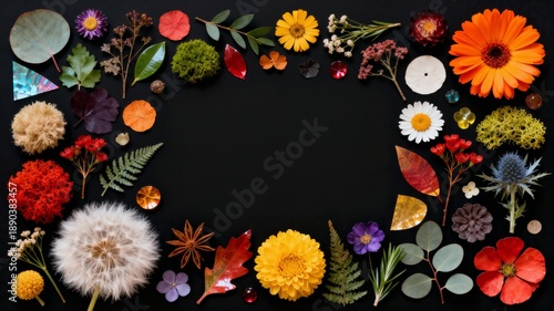 Diverse colorful flowers and leaves arranged in a decorative border on a black background with rectangular copy space for text 