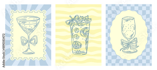Whimsical poster with hand drawn cocktail glass with ribbon bow, fruits and ice. Coquette doodle style poster in blue color with hand drawn whimsical glasses. Hand-drawn cocktail sketch