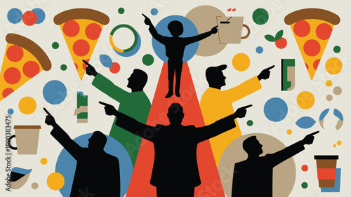 Group of business people celebrating success together with coffee and pizza