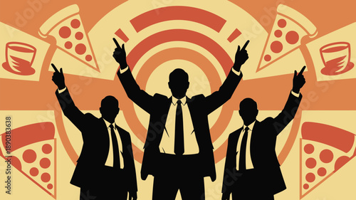 Businessmen celebrating success with pizza and coffee in vibrant graphic