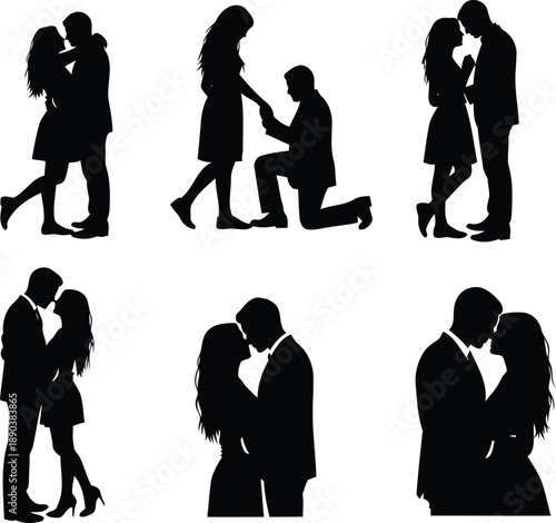 Collection of black silhouettes depicting loving couples in different intimate and affectionate moments, including a marriage proposal.