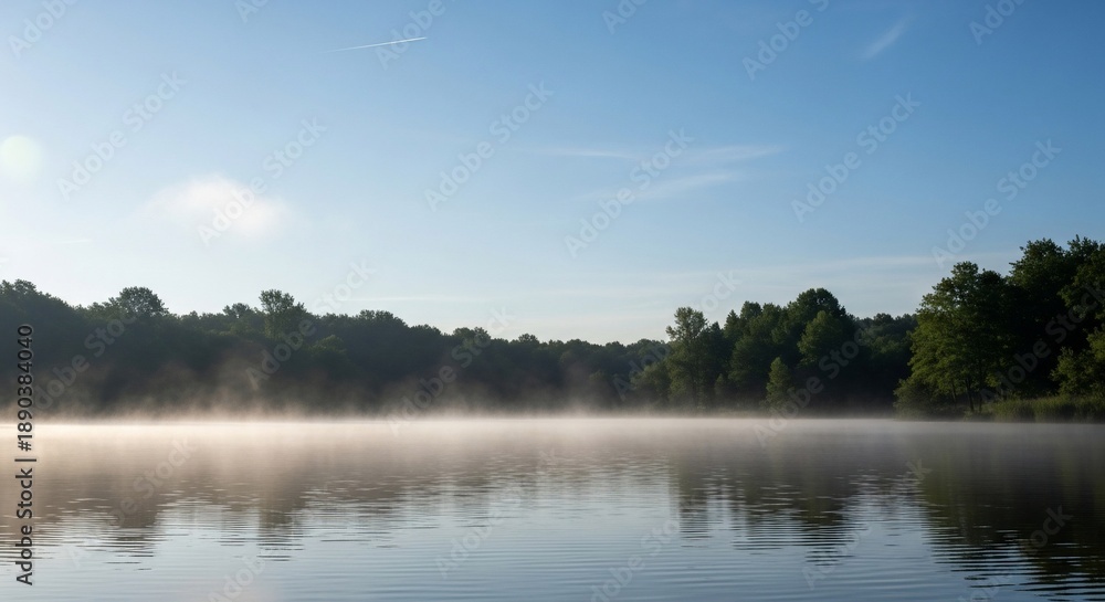 Obraz premium Serene Lake with Morning Fog and Trees.