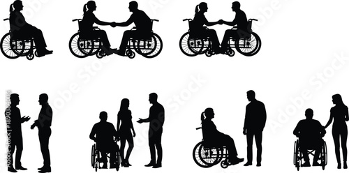 Wheelchair silhouettes showing support, accessibility, inclusion, social interaction, caregiving, companionship, rehabilitation, communication, 
