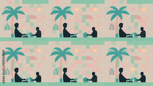 Remote workers collaborating in tropical setting with laptops