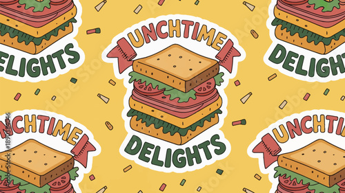 Vibrant sandwich pattern with lunchtime delights text