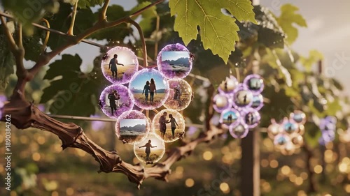 Wallpaper Mural Sunlit vineyard with grape clusters, sparkling bubblelike halos encircling fruit, warm glow at dusk Torontodigital.ca