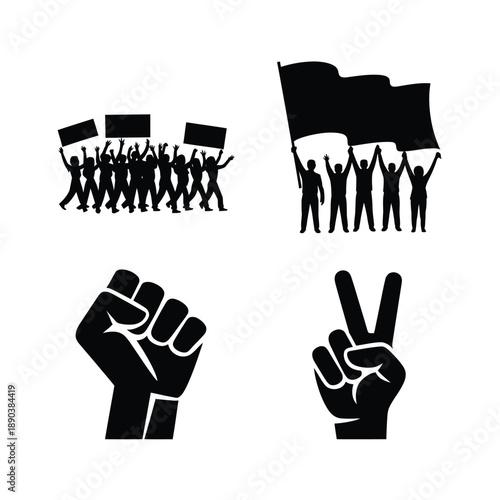 Black and white protest symbols with raised fists and peace signs