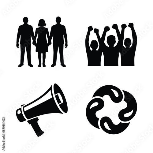 Four Black Silhouette of Family, Protesters, Megaphone, and Swirling Pattern