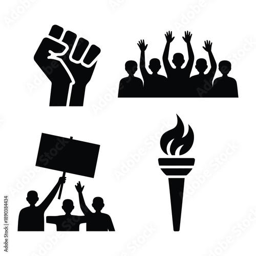 Black and white of protest symbols and people fist 1