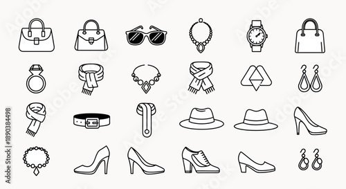 Collection of Fashion Accessories Icons Including Handbags Scarves Hats Jewelry Shoes Sunglasses and Watch for Style and Elegance