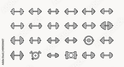 Collection of Dumbbell Icons and Weight Plate Symbols Representing Fitness and Strength Training Equipment
