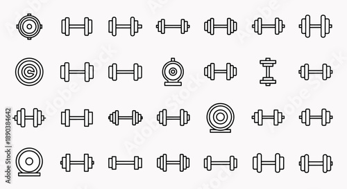 Collection of Dumbbell and Weight Plate Icons for Fitness and Workout, Gym Equipment Outline Graphics