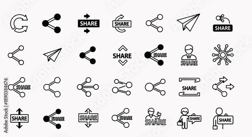 Collection of diverse share icons representing sharing, connection, communication, and data transfer concepts