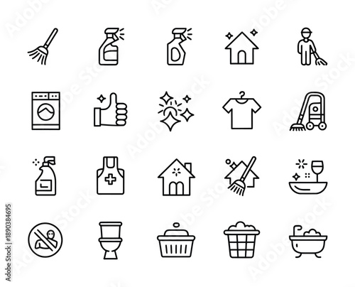 Vector illustration showcases a variety of household cleaning icons and symbols