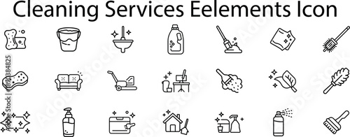 Collection of 21 Cleaning Services Icons with Various Tools and Symbols on transparent background