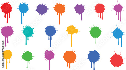 Vibrant collection of colorful paint splatters and drips on a white background, showcasing various hues and textures.