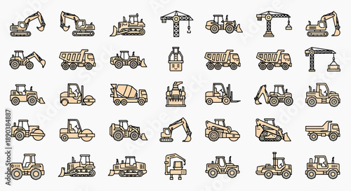Collection of construction vehicles and heavy machinery icons, diverse set of industrial equipment illustrations