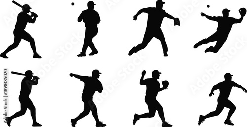 Baseball player silhouettes set, batting, pitching, throwing and catching actions, professional sport poses, black isolated vector illustration
